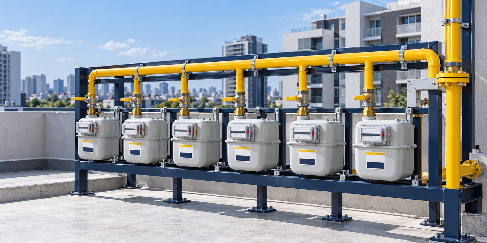 Medidores volumétricos alineados en azotea de un condominio